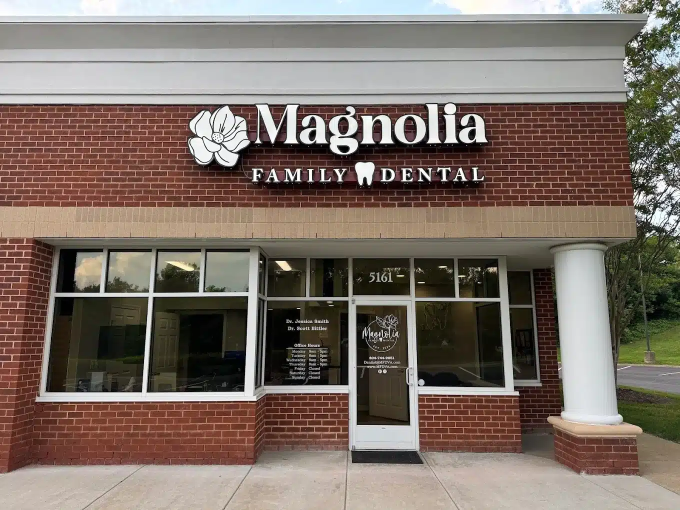 Magnolia Family Dental exterior office building with signage in Midlothian, VA.