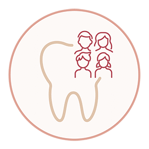 Family dentistry icon featuring a tooth outline with four family silhouettes inside.
