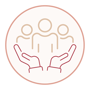 Welcoming care icon showing two open hands supporting three people.