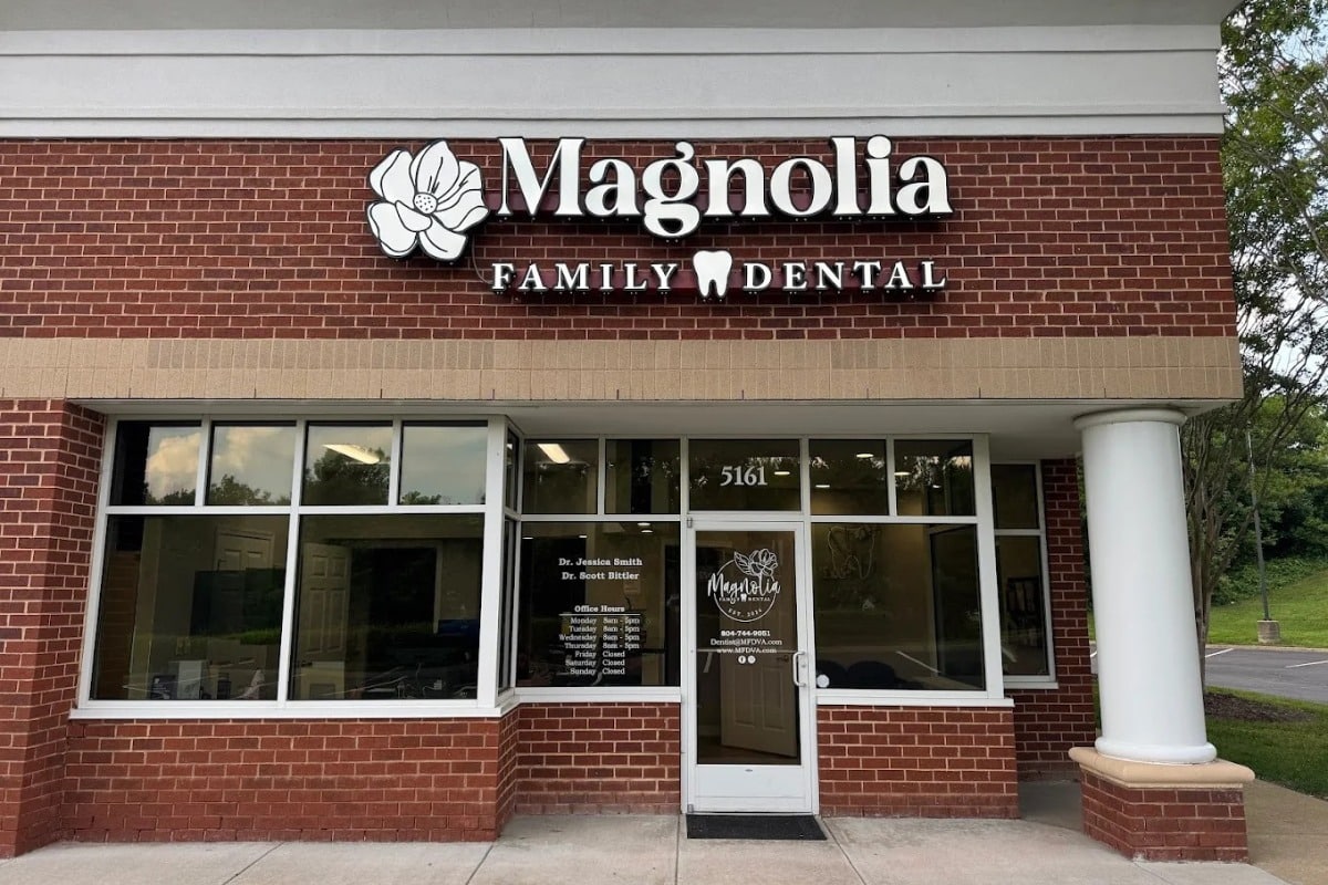 Exterior of magnolia family dental in midlothian, va, showing the practice entrance and signage.